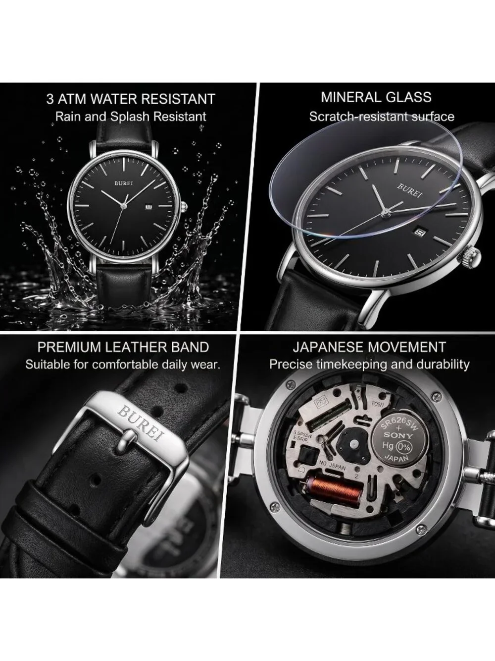 Men's Silver Black Ultra Thin Minimalist Analog Waterproof Casual Wrist Watch